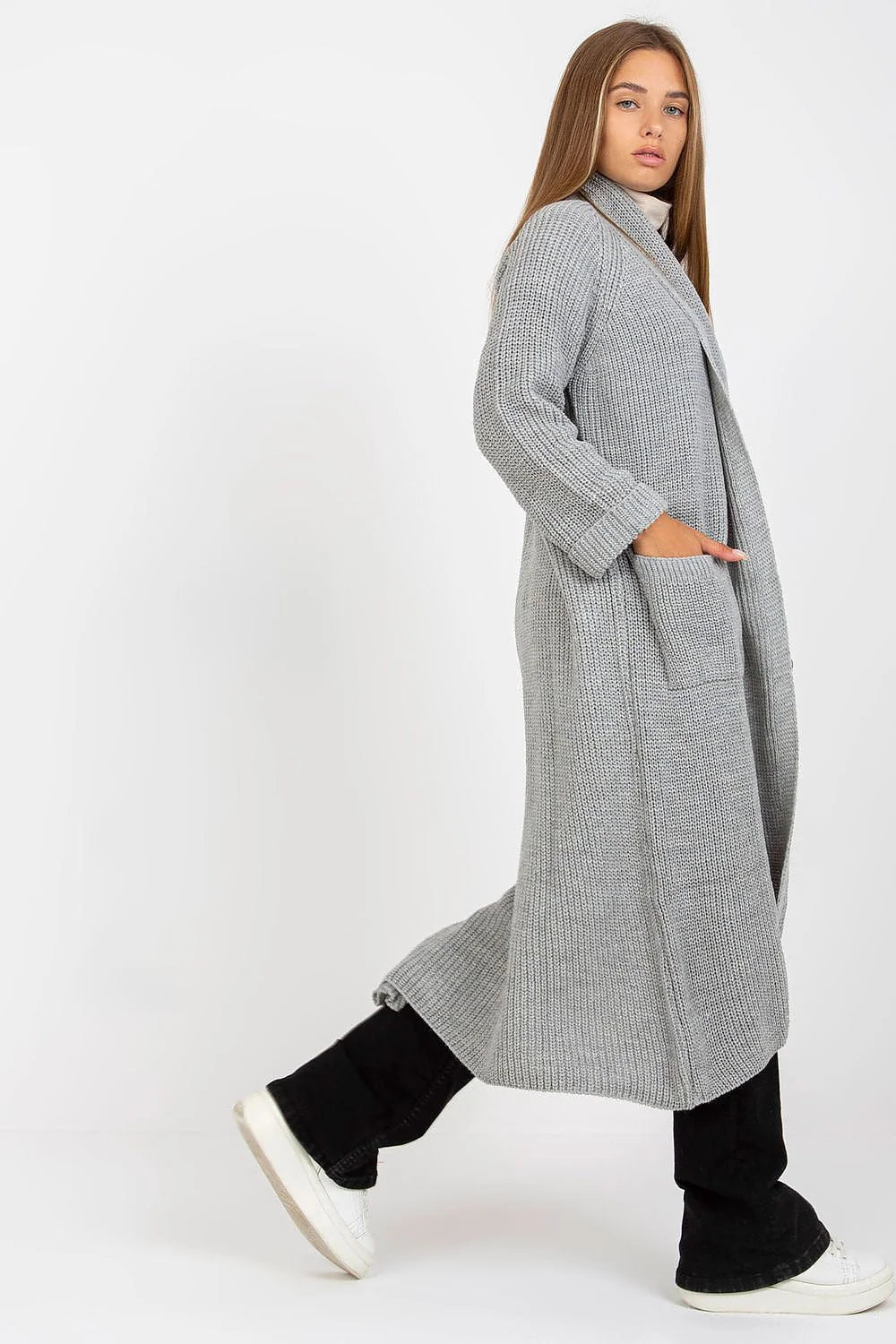 Cardigan long Och Bella maille acrylique 70 laine 30 sans fermeture manches longues poches glissière grise beige noir urban casual tendance