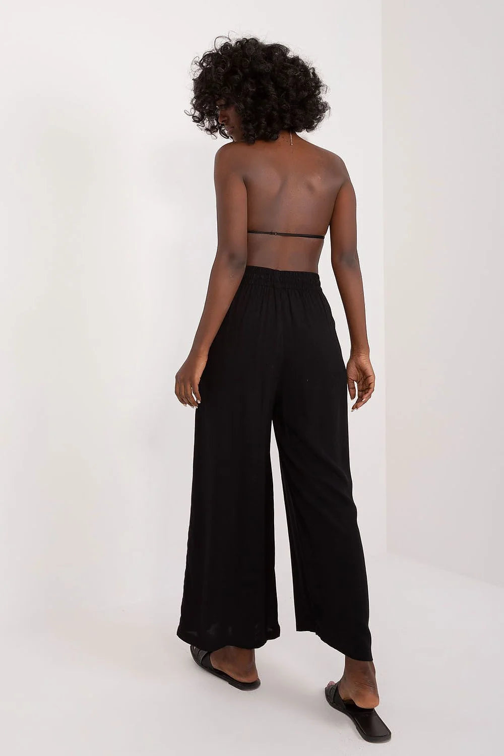 pantalon femme Sublevel palazzo viscose large fluide taille haute cordon ajustable pompons poches latérales cheville noir élégant décontracté