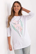 Chemisier femme décontracté style moderne floral couleur blanche rose menthe vert coton élasthanne manches 3/4 encolure ronde