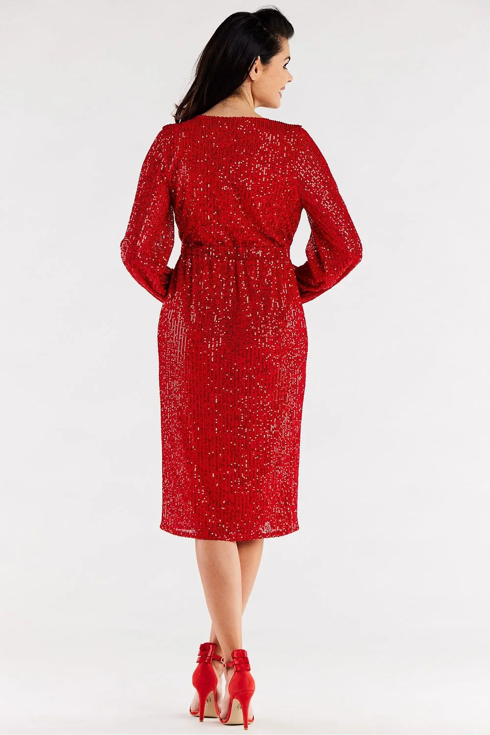 robe soirée longue manches longues décolleté V croisé sequins rouge portefeuille taille ajustable paillettes fente frontale bouffantes doublure élasthanne polyester