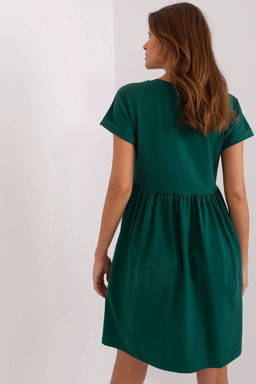 robe babydoll courte vert forêt coton extensible jersey taille haute empiècement froncé jupe ample genou manches retroussées encolure ronde
