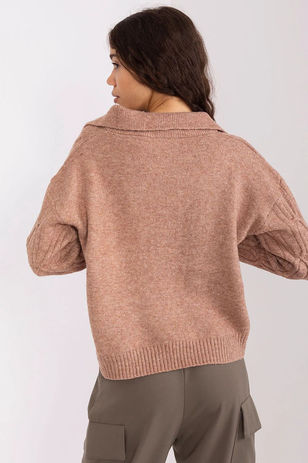 Pull femme décontracté élégant tricot torsadé couleur marron clair manches longues col V polo bords côtelés
