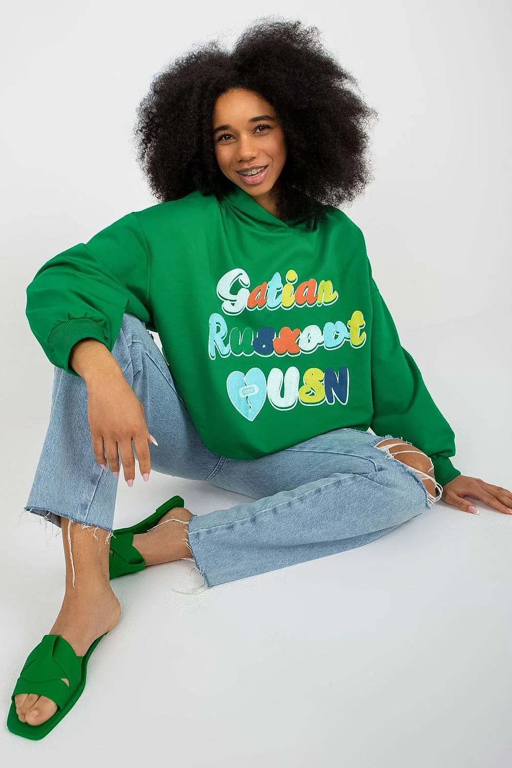 Sweatshirt Femme Fancy Vert Vif Graphisme Multicolore Manches Longues Capuche Coton Élasthanne Casual Urbain