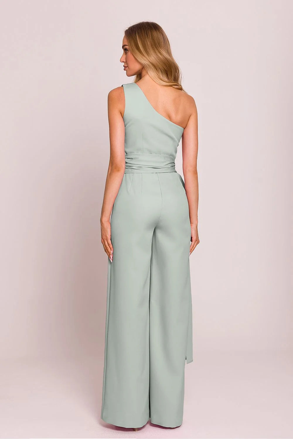 Combinaison élégante asymétrique motif épaule longueur totale écharpes latérales jambes larges fermeture éclair cachée femme