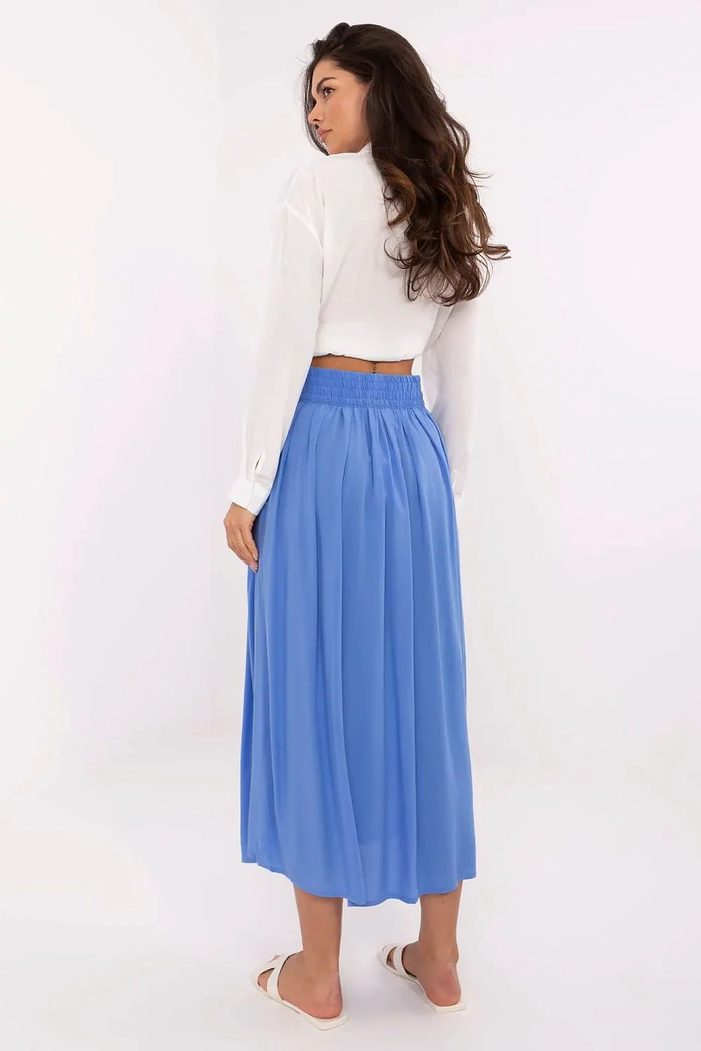 Jupe midi élégante pour femme en viscose éco-friendly, style plissé, coupe évasée, taille haute, boutons décoratifs, bleu