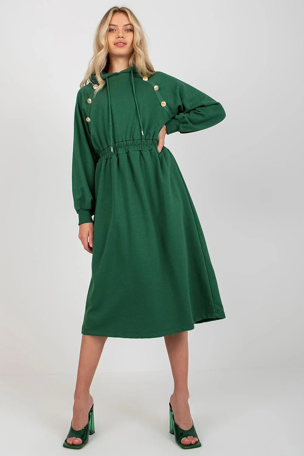 Robe de jour Relevance en coton et elasthanne, manches longues, capuche, boutons decoratifs, couleur verte, style casual, pour femme