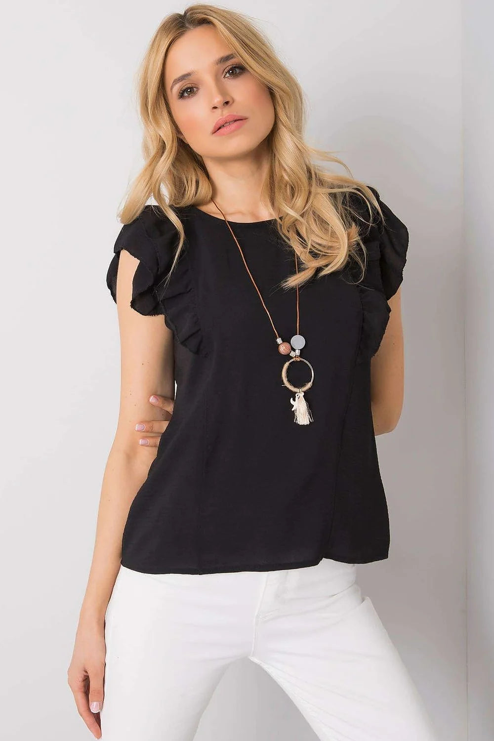 Chemisier Och Bella manches courtes volants encolure ronde dos fendu polyester 100% rose pâle femmes occasionnels