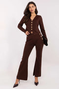 ensemble féminin cardigan court col V boutons pression pantalon taille haute évasée maille stretch marron viscose polyester chic