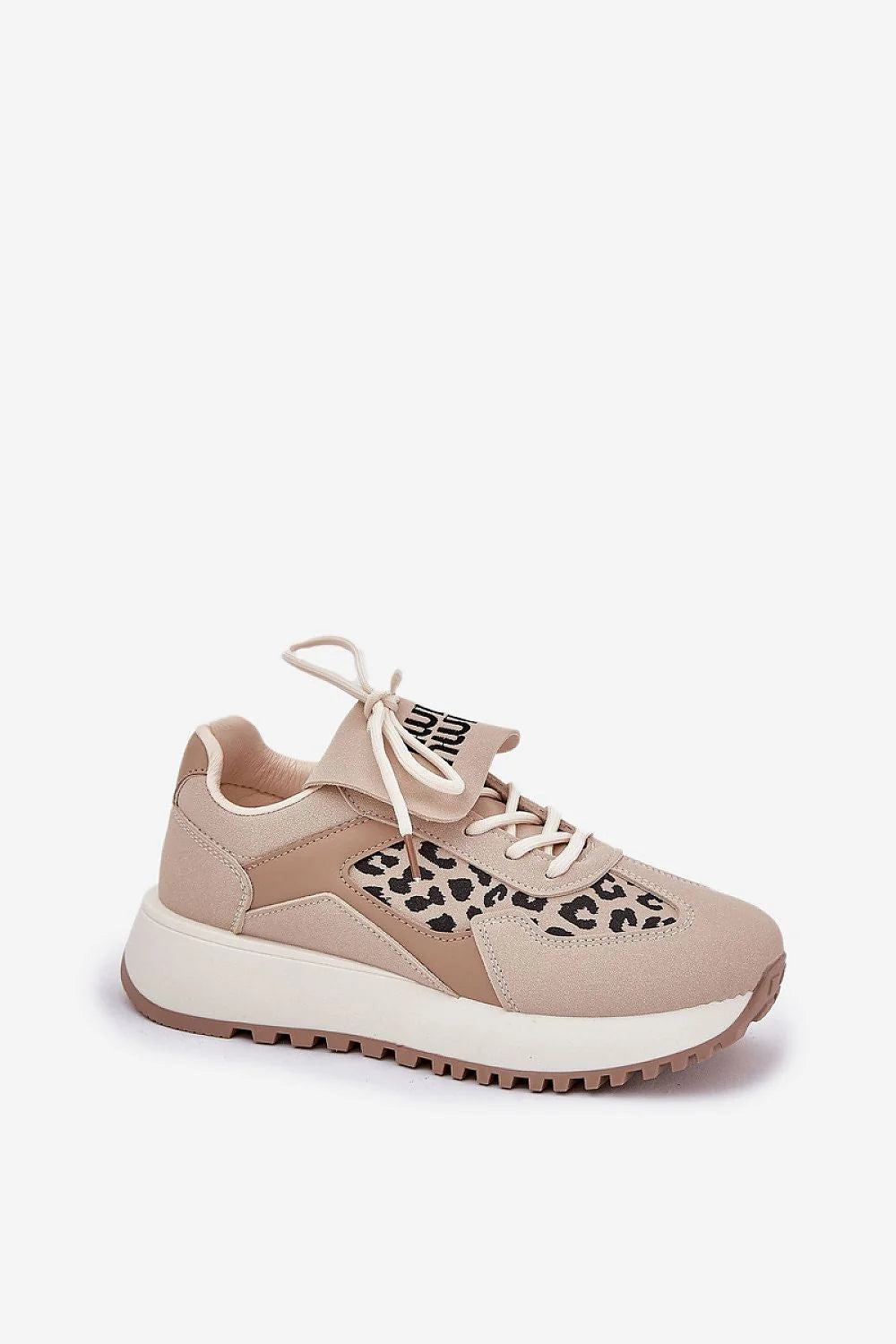 Chaussures de sport pour femmes en daim écologique design moderne beige motif léopard confortable lacets assortis