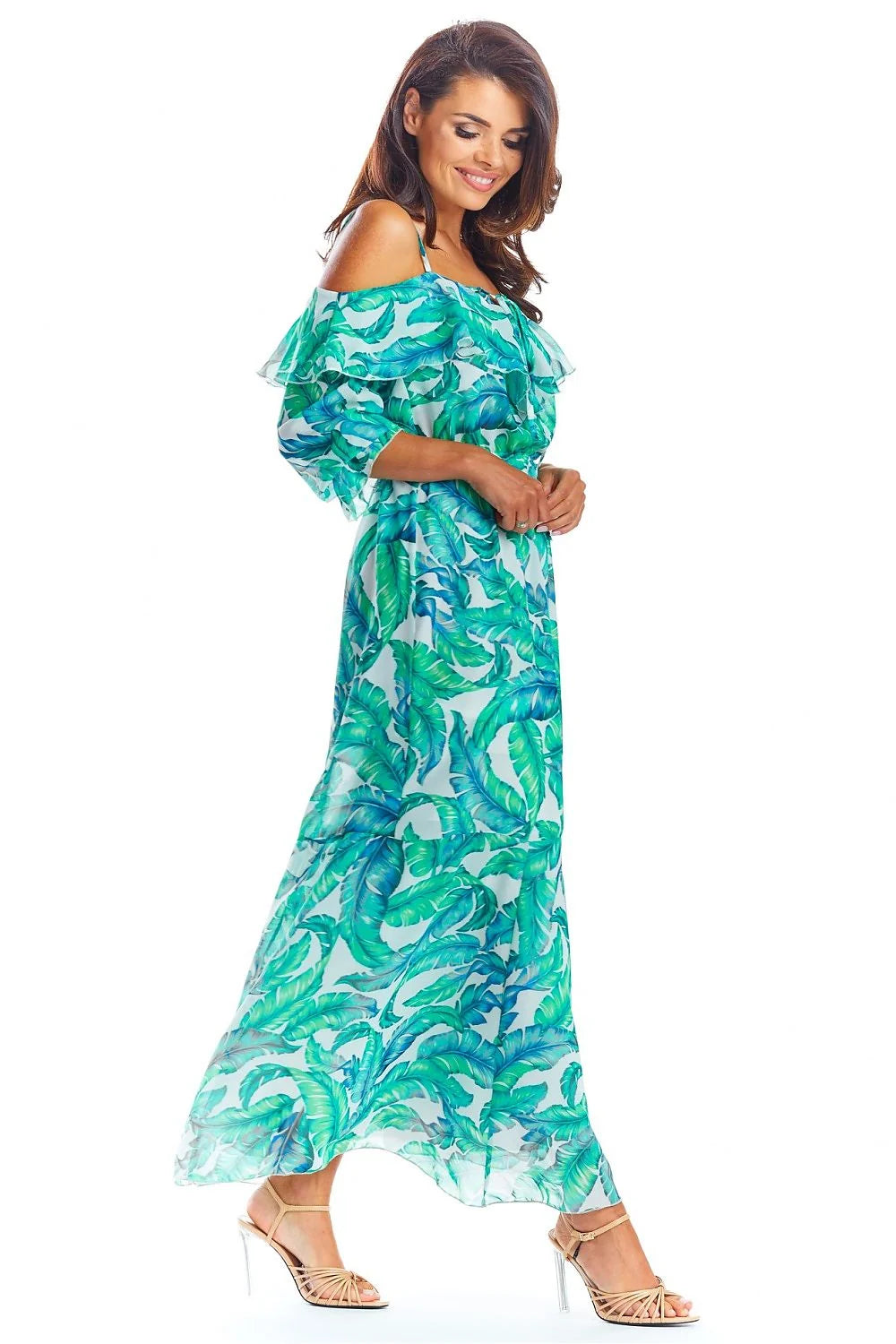 Robe longue en mousseline, style bohème romantique, motifs tropicaux, idéale pour un été décontracté