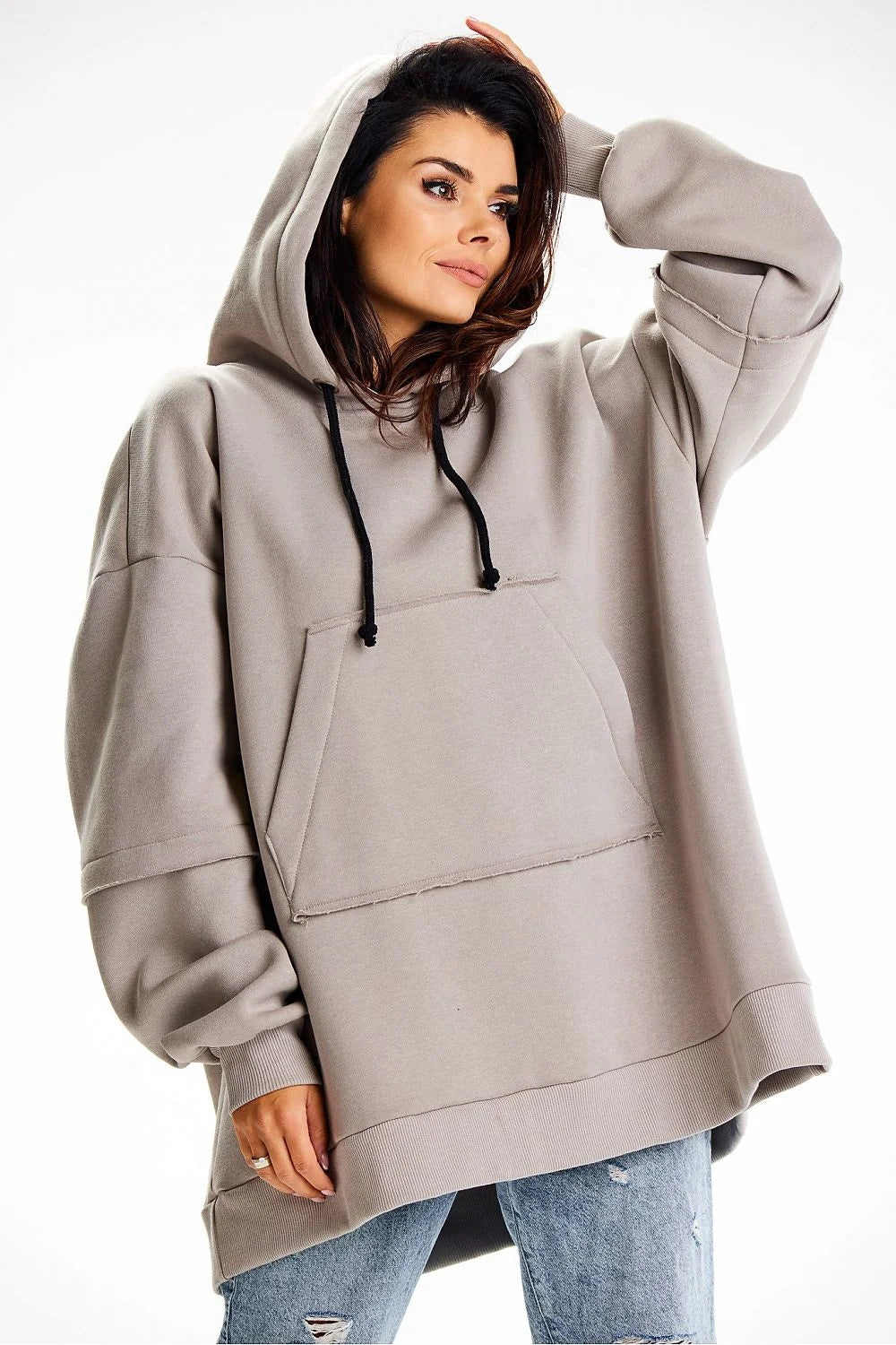 Sweatshirt femme Infinite You en coton doux, coupe ample, capuche ajustable, style décontracté, couleur grise taupe, poche kangourou, manches longues, épaules tombantes, finitions côtelées, idéal pour quotidien et détente