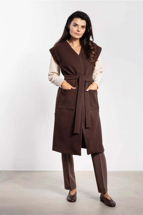 long gilet femme flanelle doux automne marron chocolat laineux sans manches midi minimaliste ceinture nouée larges poches fentes côtés pologne