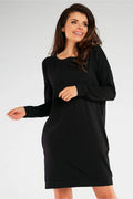 Robe de jour féminine moderne design épuré manches longues coupe droite tissu doux noire polyvalente femme