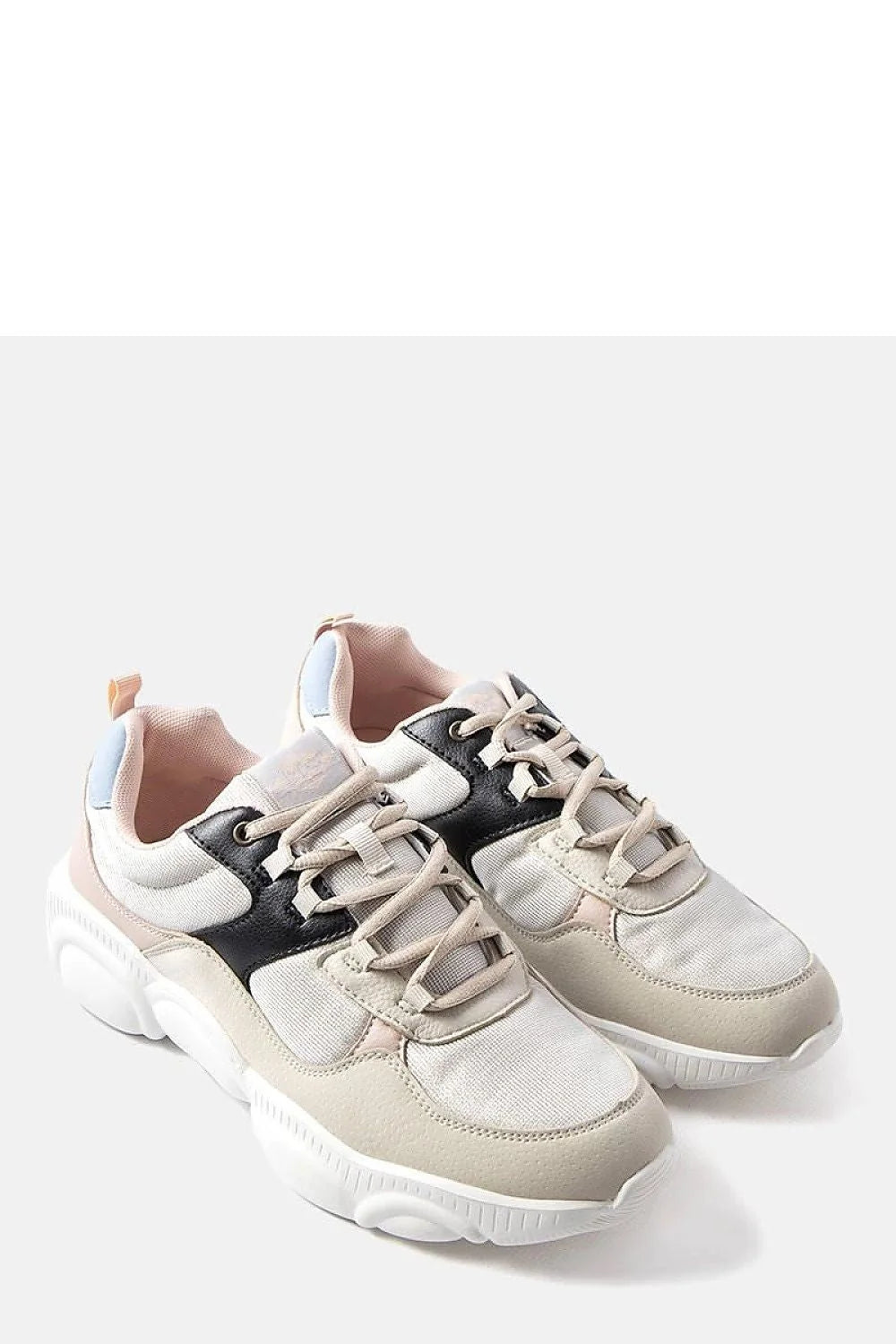 baskets chunky femme sneakers tige mixte mesh beige clair suède synthétique rose poudré insert noir col bleu ciel