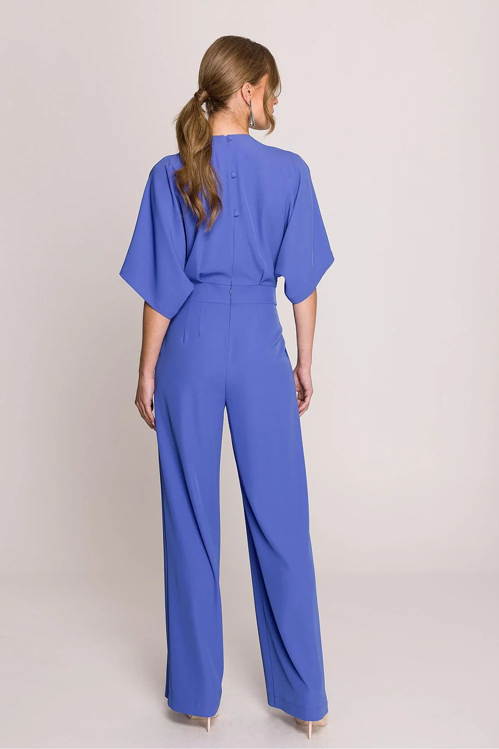 Combinaison Stylove élégante sophistiquée pour femme couleur bleu vif décolleté en V manches amples ceinture intégrée fermeture dissimulée
