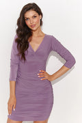 Robe de jour élégante couleur violette manches trois-quarts encolure en V drapé sur les côtés robe courte ajustée pour femmes