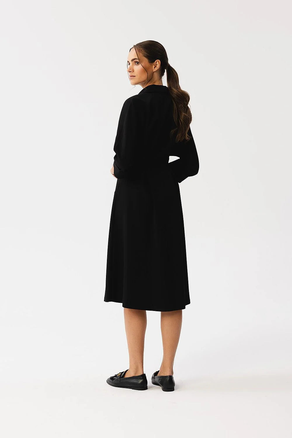 Robe chemise noire femme élégante classique col chemisier manches 3/4 fermeture boutons taille cintrée robe knee-length occasionnel