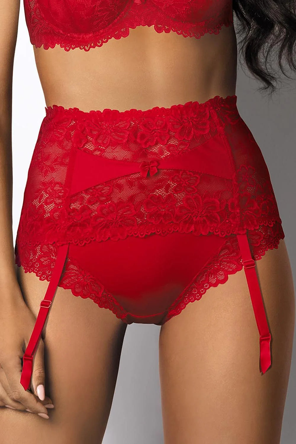 ensemble lingerie rouge dentelle florale sexy élégante broderies balconnet taille haute porte jarretelles slip assorti tulle transparent bretelles satinées réglables
