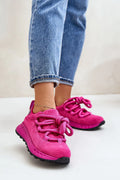 Chaussures de sport modernes pour femme en suède rose vif lacets épais plateforme confortable style casual