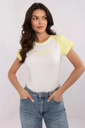 T-shirt femme manches courtes style décontracté couleur blanc jaune pâle imprimé message cœur rouge