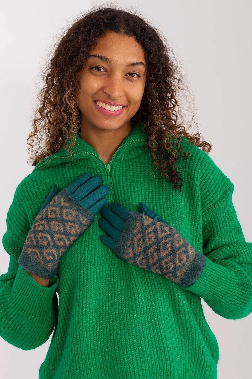 Gants et pull pour femmes en laine douce, style jacquard, motif géométrique, couleur bleu sarcelle et marron clair, pull à col montant et fermeture éclair