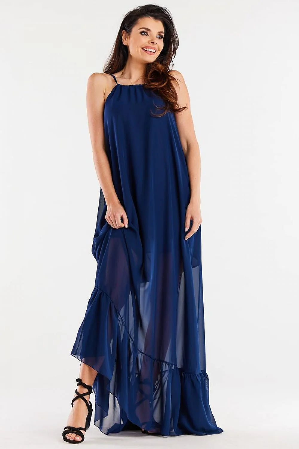 Robe de jour longue ample mousseline de soie manches fines décolleté ras du cou navy occasion décontractée femme
