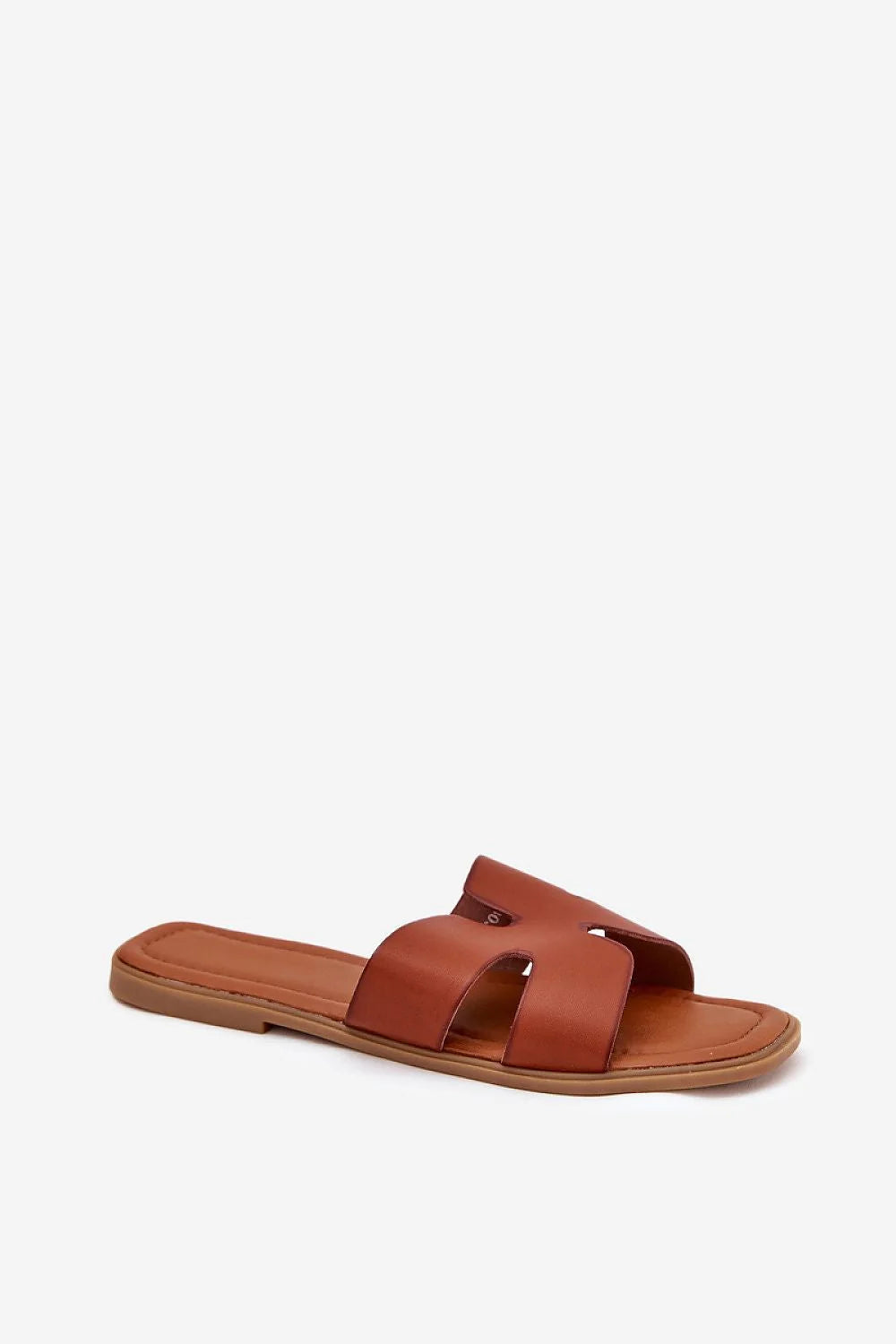 sandales femme mules plates camel simili cuir tige ajourée découpes H bout ouvert semelle rembourrée carrée confort minimaliste
