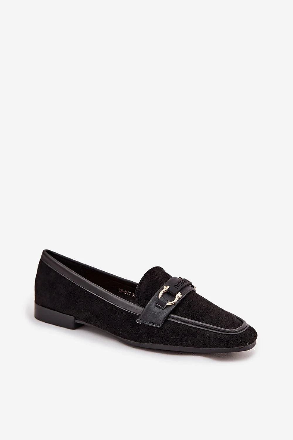 mocassins femme suédé noir bout carré mors métallique doré semelle basse talon plat 15mm confort stabilité intérieur cuir écologique
