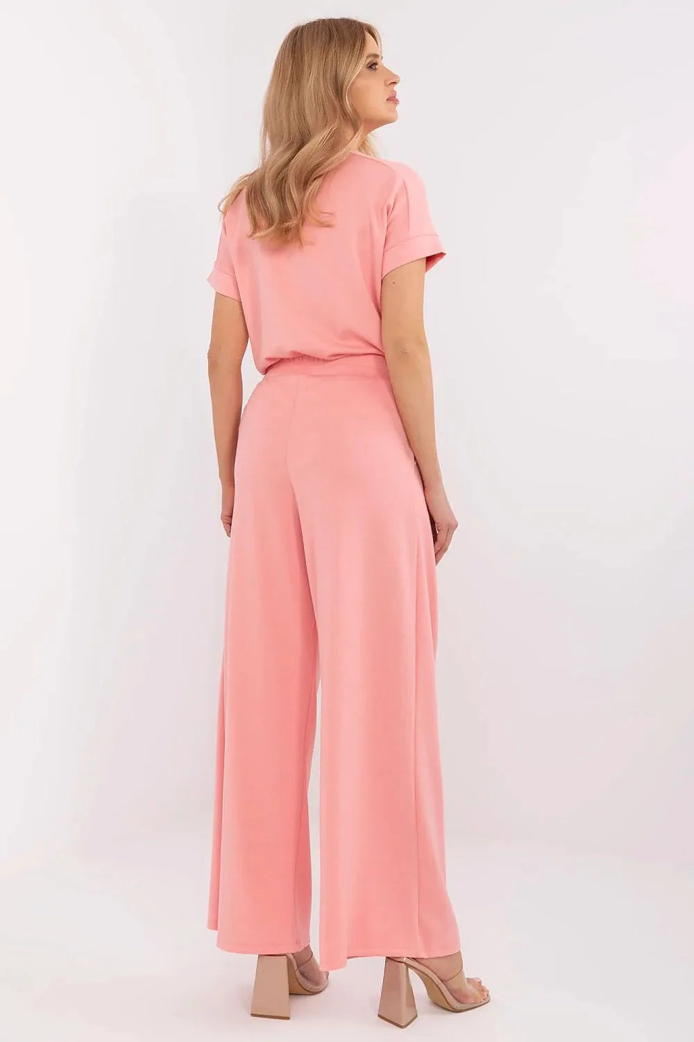 ensemble femme rose pastel palazzo pantalon taille haute large poches latérales top manches courtes col rond fluide confortable