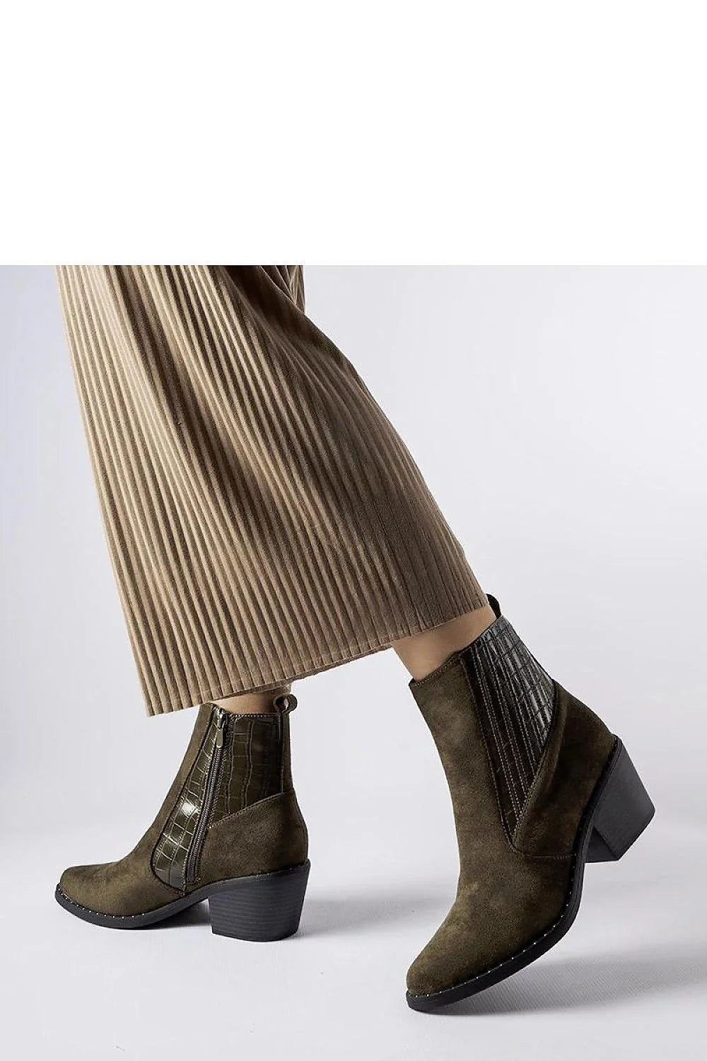 Bottines femmes design moderne élastique latéral motif carreaux vert olive talon stiletto suédine fermeture éclair occasion quotidienne robe pantalon