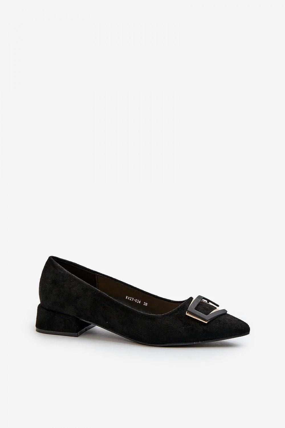 escarpins ecosuede noirs bout pointu talons bas talon carré boucle géométrique métal doré confortable semelle cuir élégant raffiné