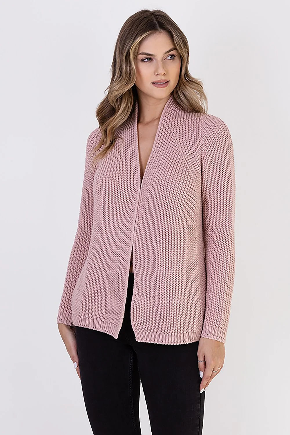 Cardigan femme en tricot jersey rose pâle col châle manches longues en laine acrylique 90% 10%
