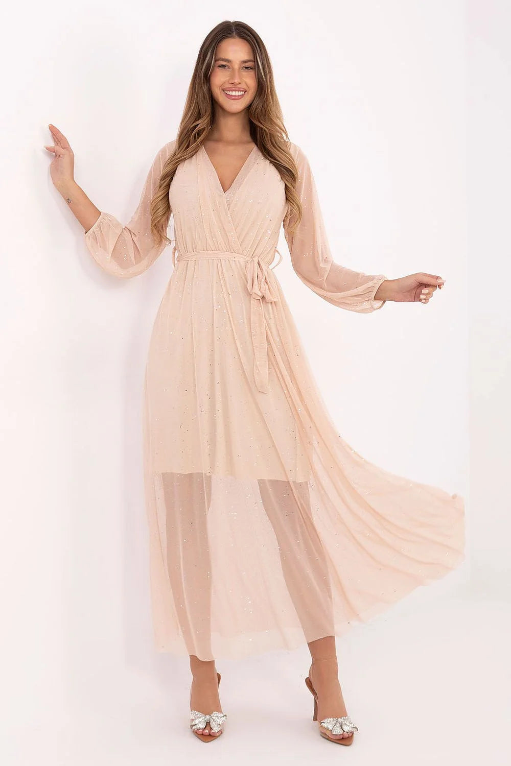 robe longue soirée cérémonie cachecoeur tulle rosé pailleté doublure jupe semitransparente manches bouffantes encolureV ceinture nouée taille cintrée