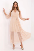 robe longue soirée cérémonie cachecoeur tulle rosé pailleté doublure jupe semitransparente manches bouffantes encolureV ceinture nouée taille cintrée