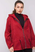 Manteau oversize laine polyester rouge vif capuche fermeture éclair chaud automne hiver pour femme