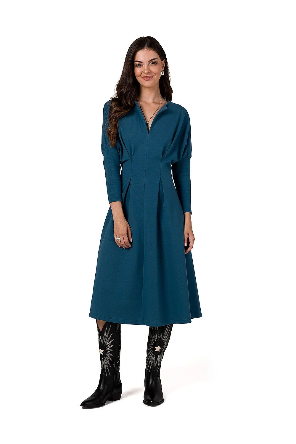 Robe élégante en bleu sarcelle pour femme, coupe A, manches longues, encolure V, matière douce, confortable, occasion多种