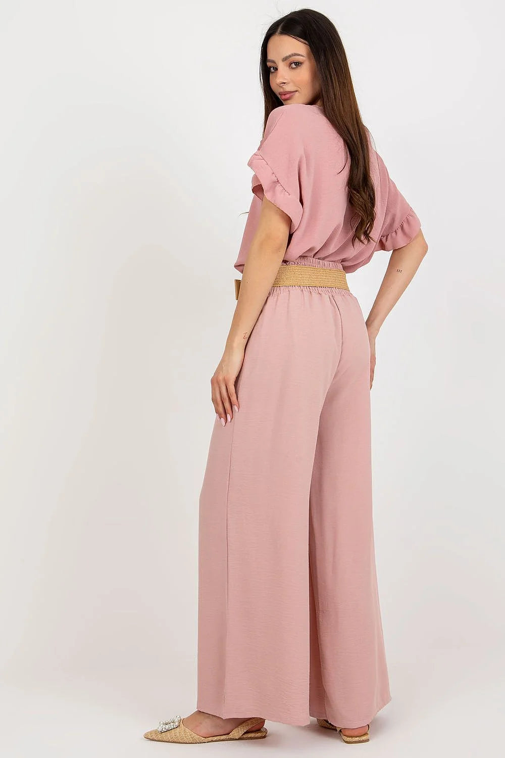 Pantalon femme large Italy Moda en coton élasthanne rose poudré taille haute ceinture bois occasion estivale