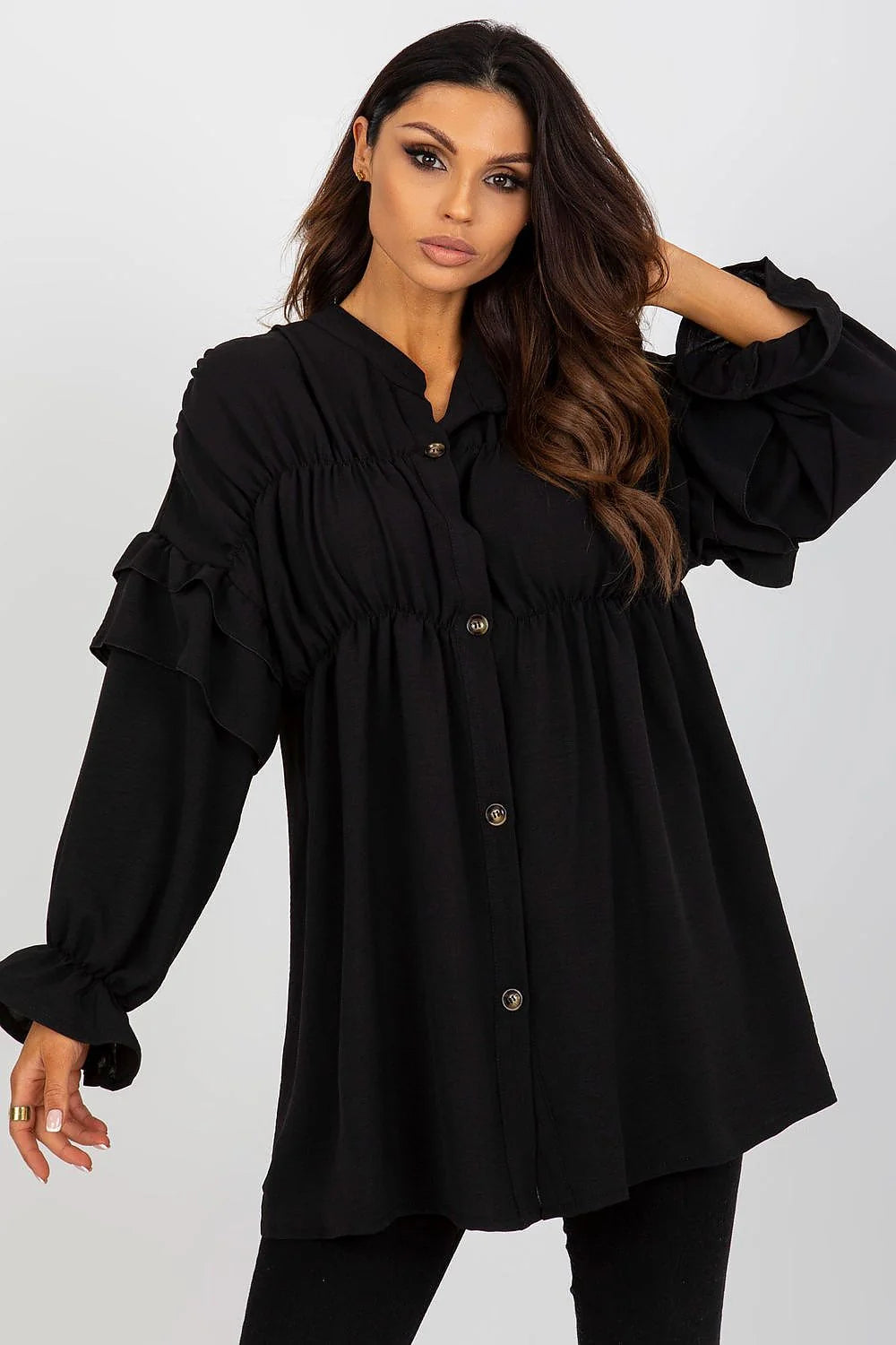 Chemise manche longue Och Bella pour femme, coupe ample, volants, Polyester 100%, élégante, moderne, occasions multiples