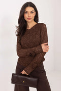 blouse dentelle florale chocolat marron manches longues transparentes col rond ajustée doublée viscose élasthanne ornées rosaces élégante confortable