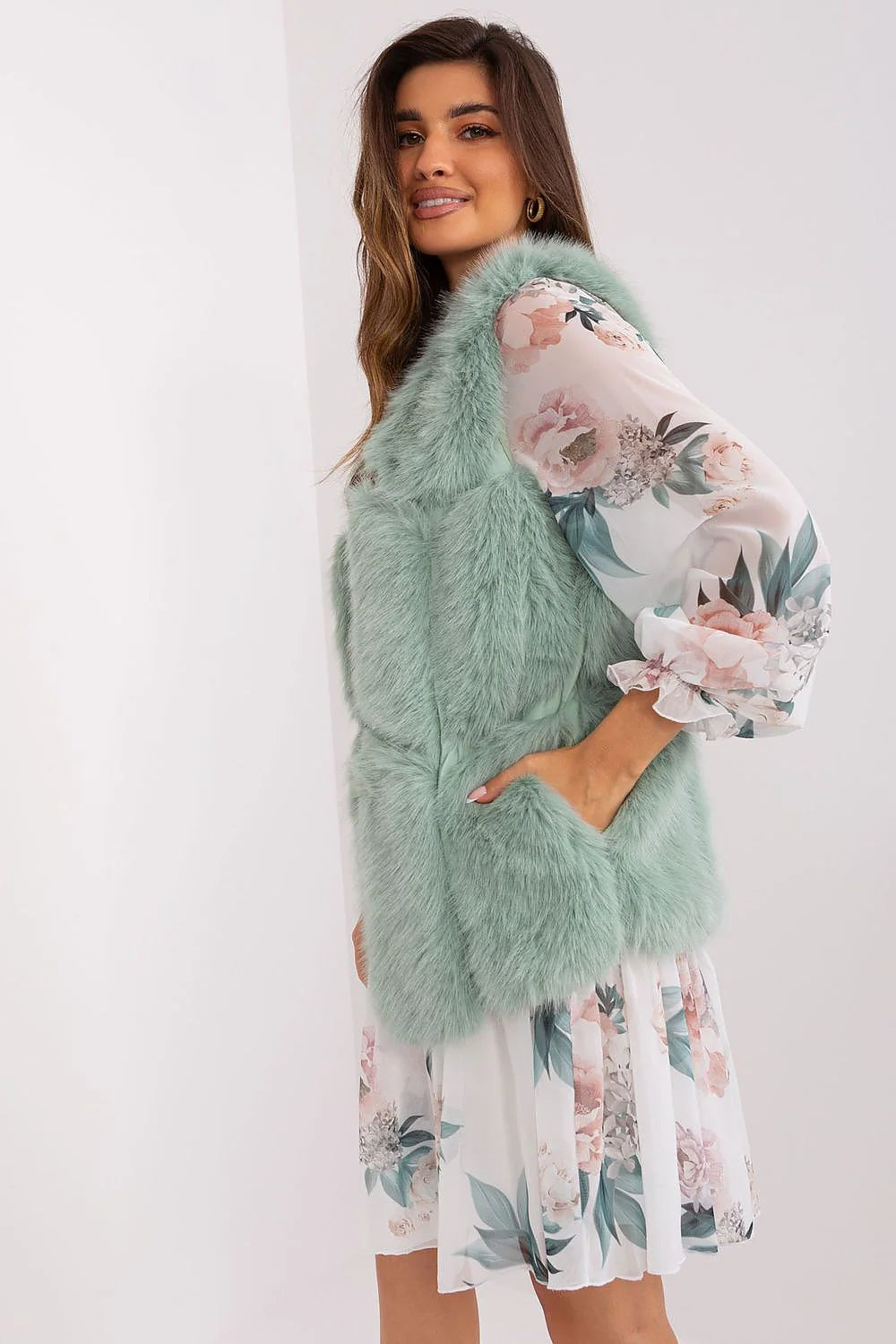 Robe romantique longue manches longues imprimé floral pastel veste sans manches fourrure faux vert menthe femme