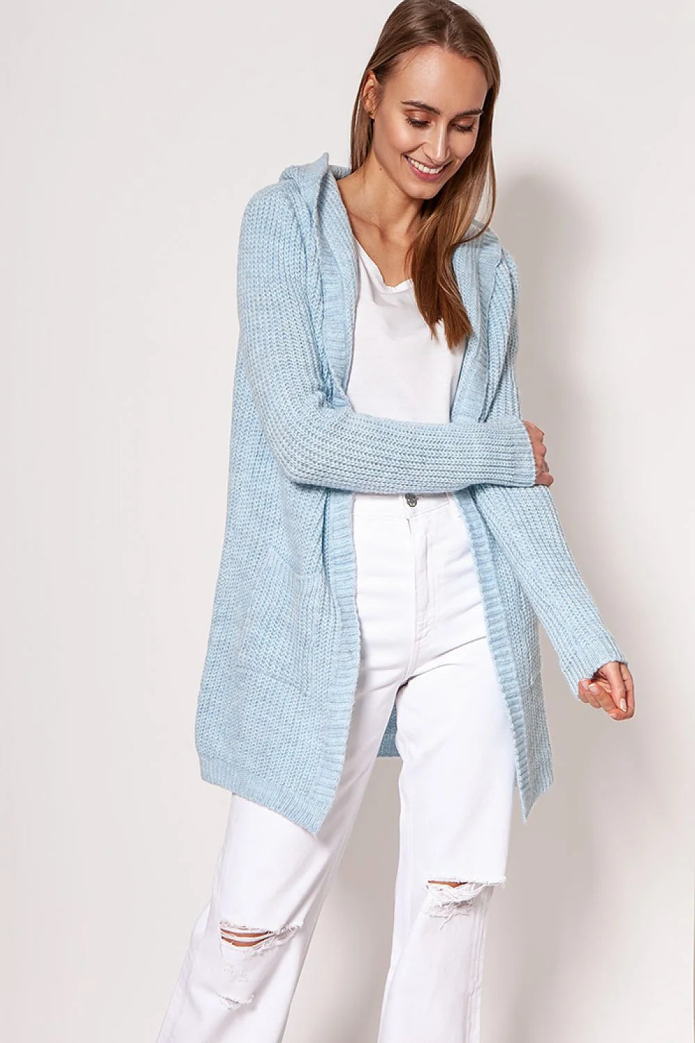 Cardigan long ouvert pour femme en tricot maille rouge vif coupe ample épaules tombantes manches longues poches intégrées matières mixtes acrylique polyester laine