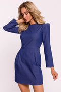 Robe de jour élégante pour femme en coton bleu indigo manches longues silhouette cintrée fermeture éclair dissimulée taille ajustable
