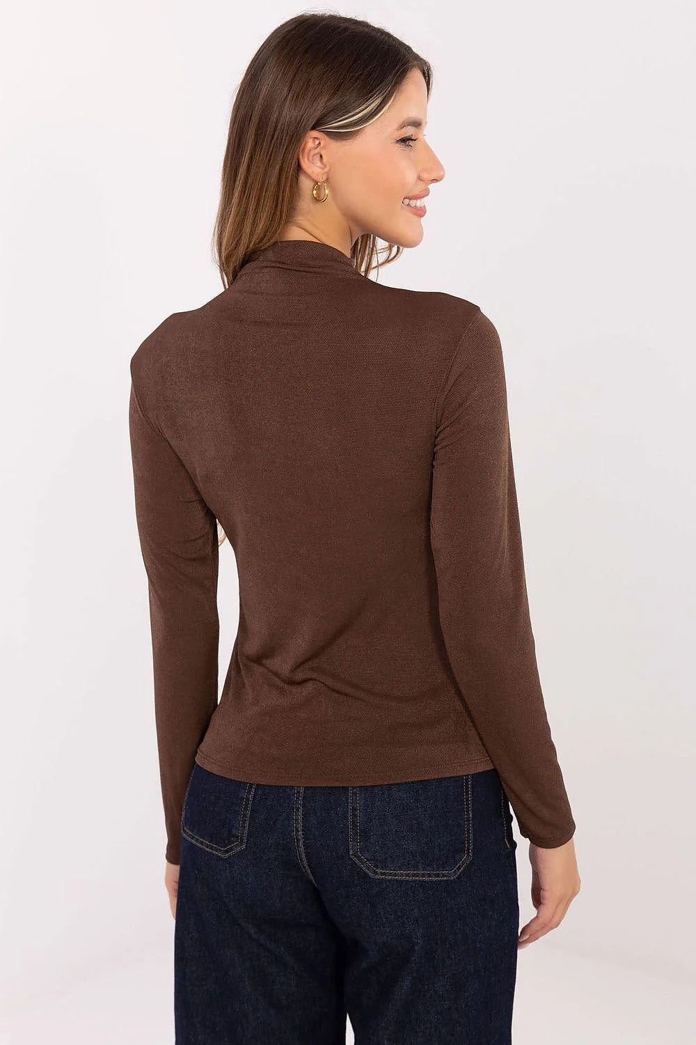 chemisier ajusté femme manches longues col montant maille fine extensible marron chocolat côtelé doux confortable élégant polyvalent basique
