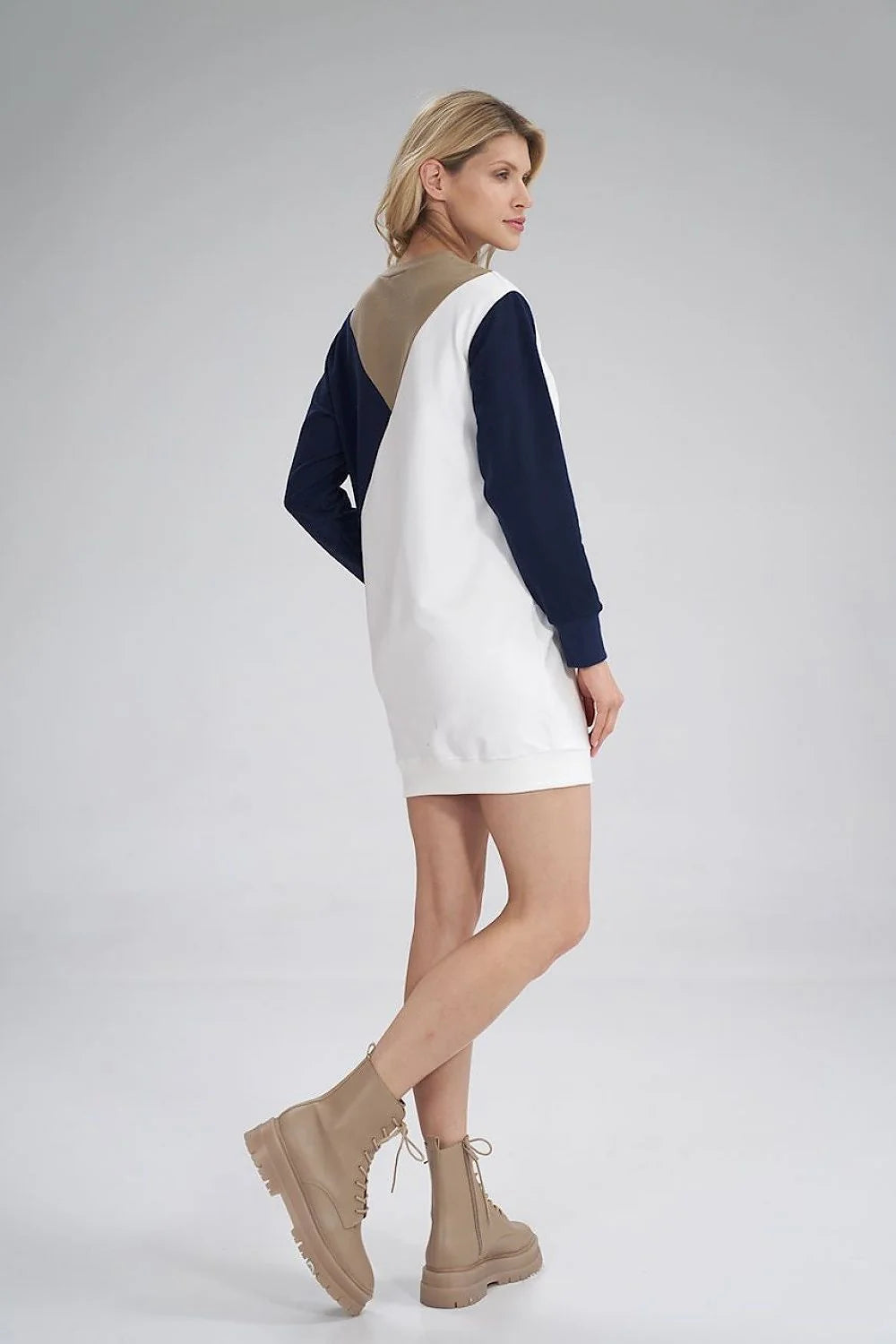 robe jour moderne tricolore coton élasthanne manches longues asymétrique coupe droite mini colorblock blanc marine beige molleton côtelés confortable ajustée
