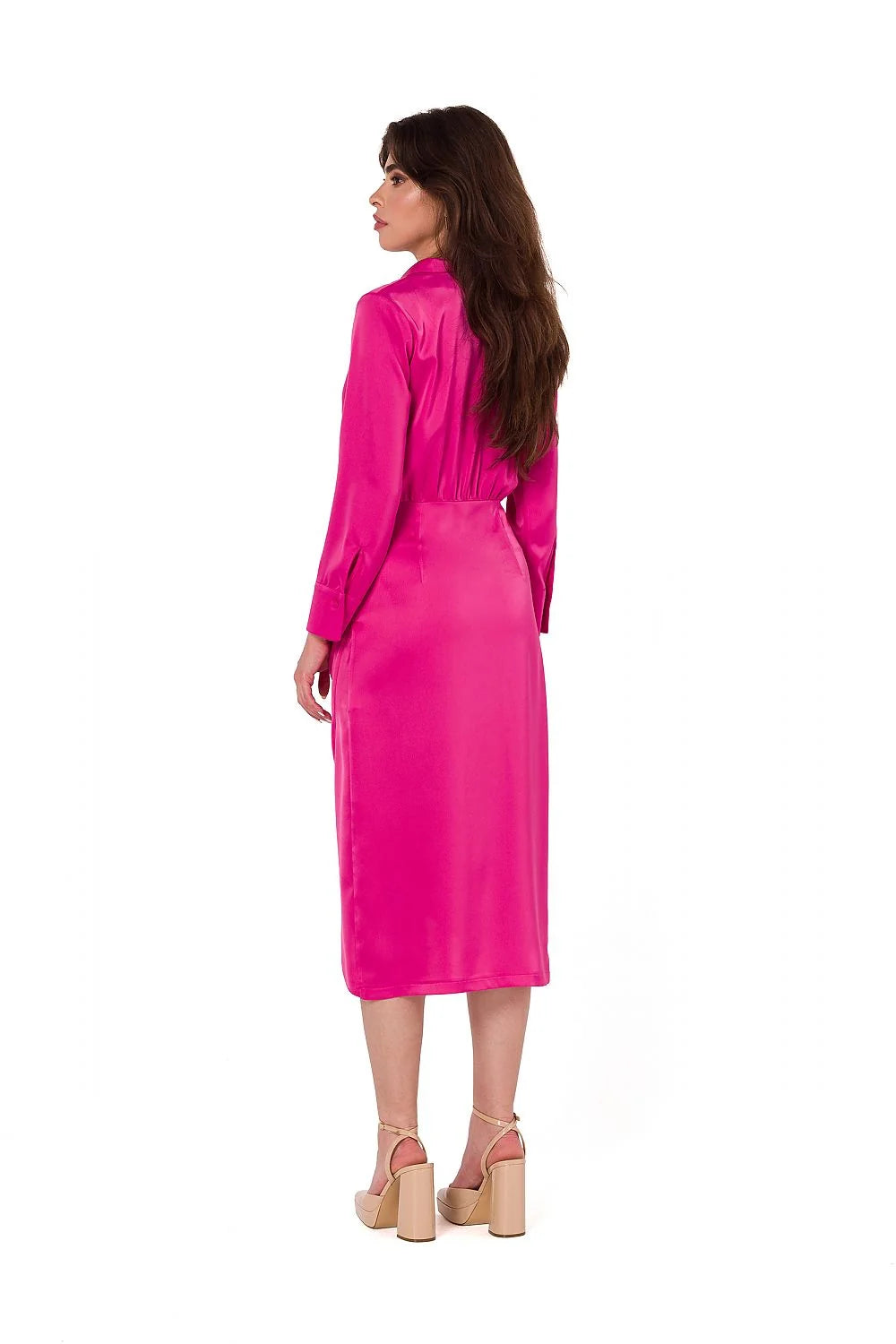 Robe cocktail Makover élégante en satin rose vif manches longues col V croisé taille ajustable femmes soirées
