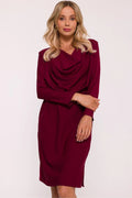 robe soirée crayon midi bordeaux profond manches longues encolure drapée bénitier coupe ajustée taille marquée ceinture élastique fente latérale fluide