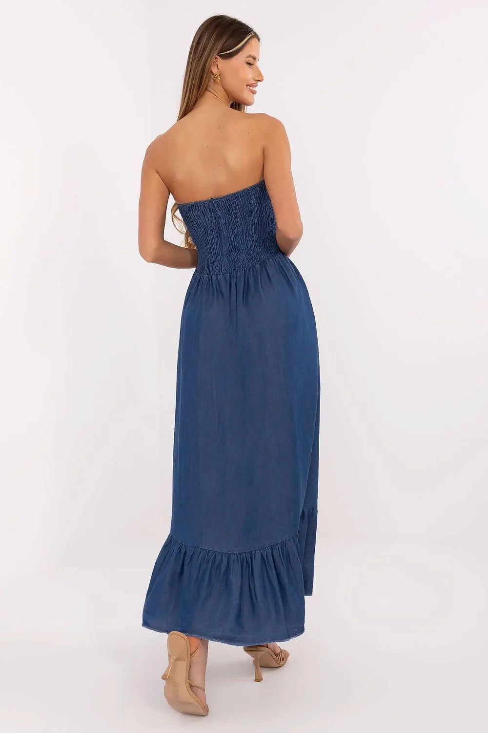 Robe de jour élégante longue sans manches bleu indigo bustier smocké volants femmes été