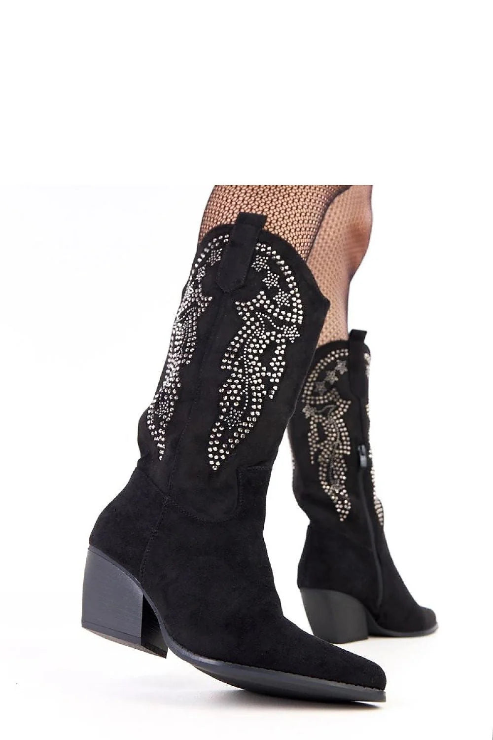 bottines cowboy femme suédé écologique noir mi mollet bout pointu talon cubain stable confortable fermeture zippée intérieure semelle zircons subtils