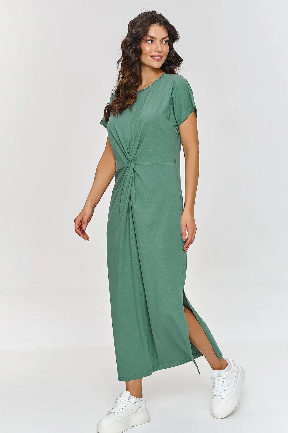 Robe de jour Makadamia longue manches courtes nœud à la taille fente latérale vert doux femme