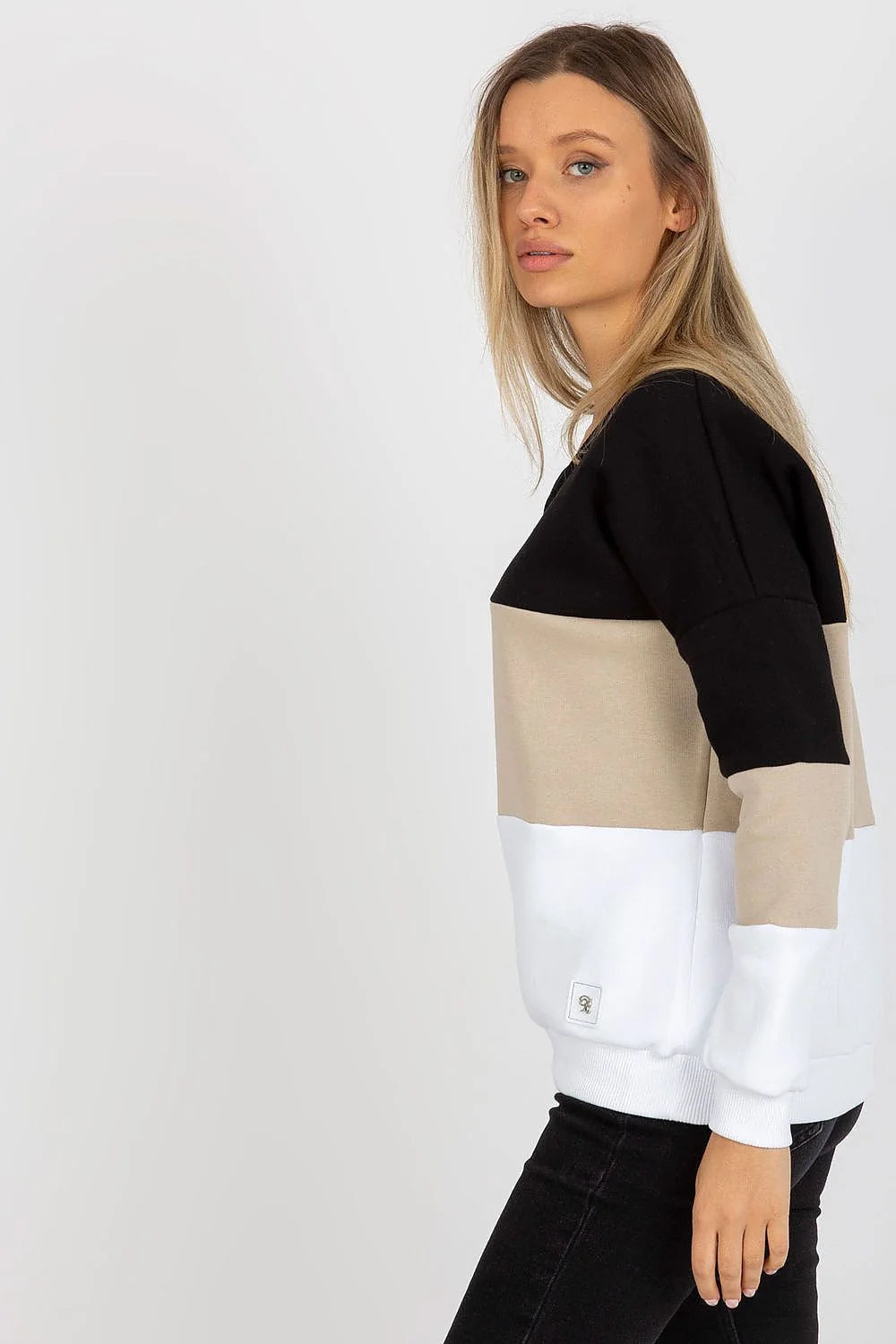 sweatshirt femme coton colorblock noir beige blanc col V oversize manches longues emmanchures tombantes molleton doux